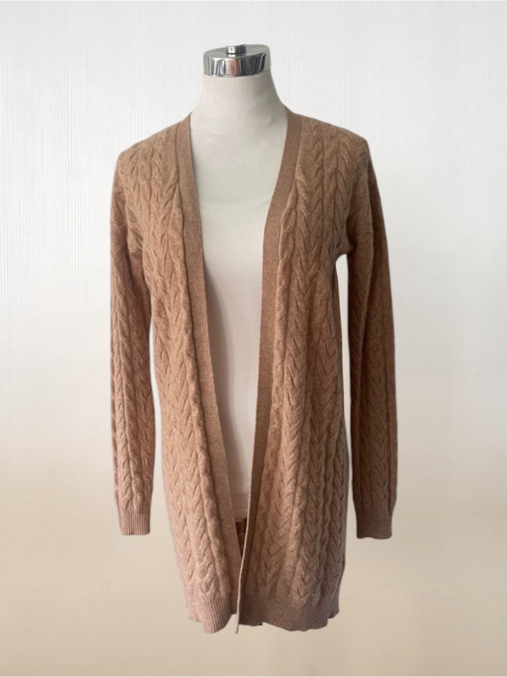 GARNET HILL 100% CASHMERE CAMEL CABLE KNIT CARDIGAN LONG SWEATER